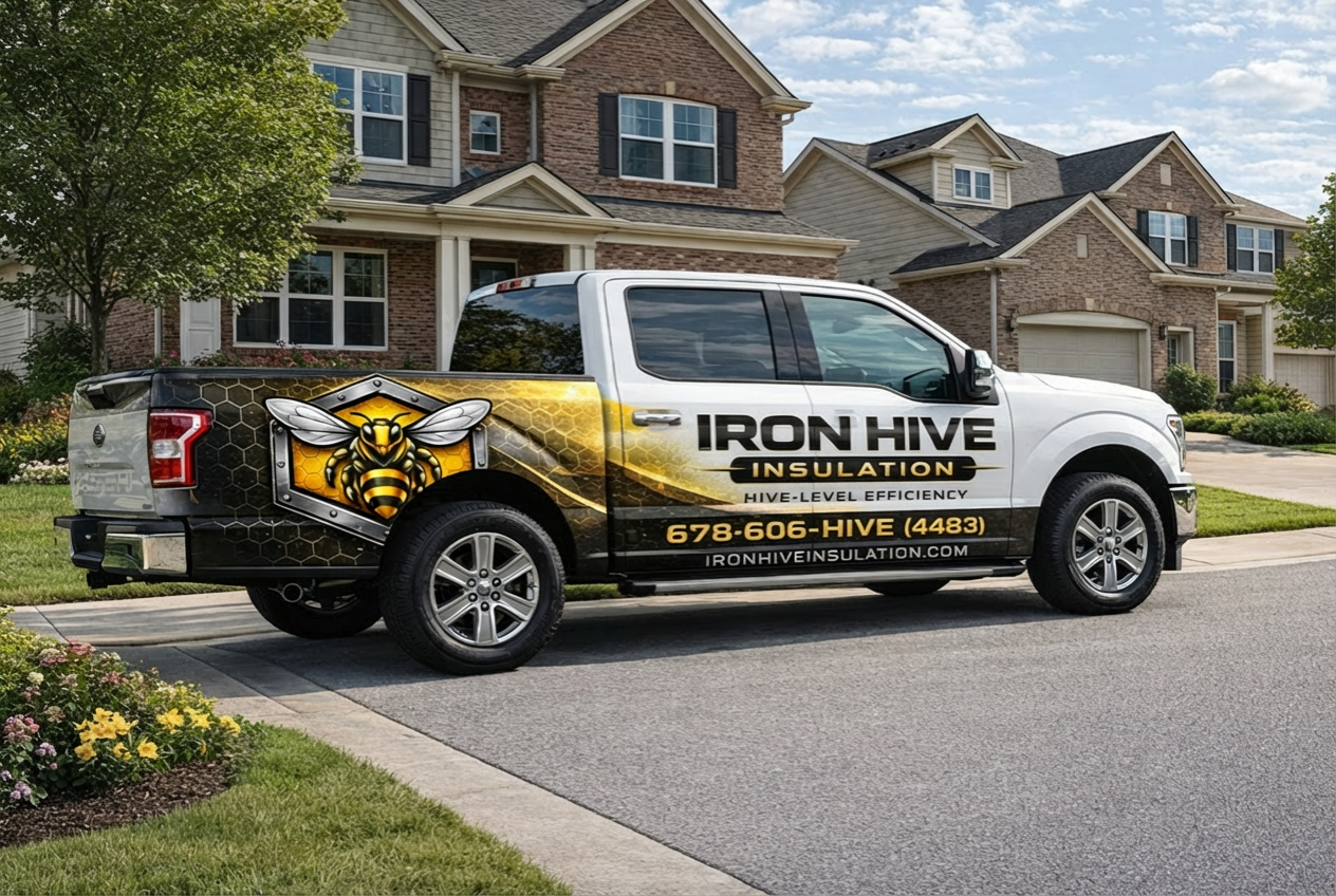 Iron Hive Insulation branded truck parked in front of a residential home
